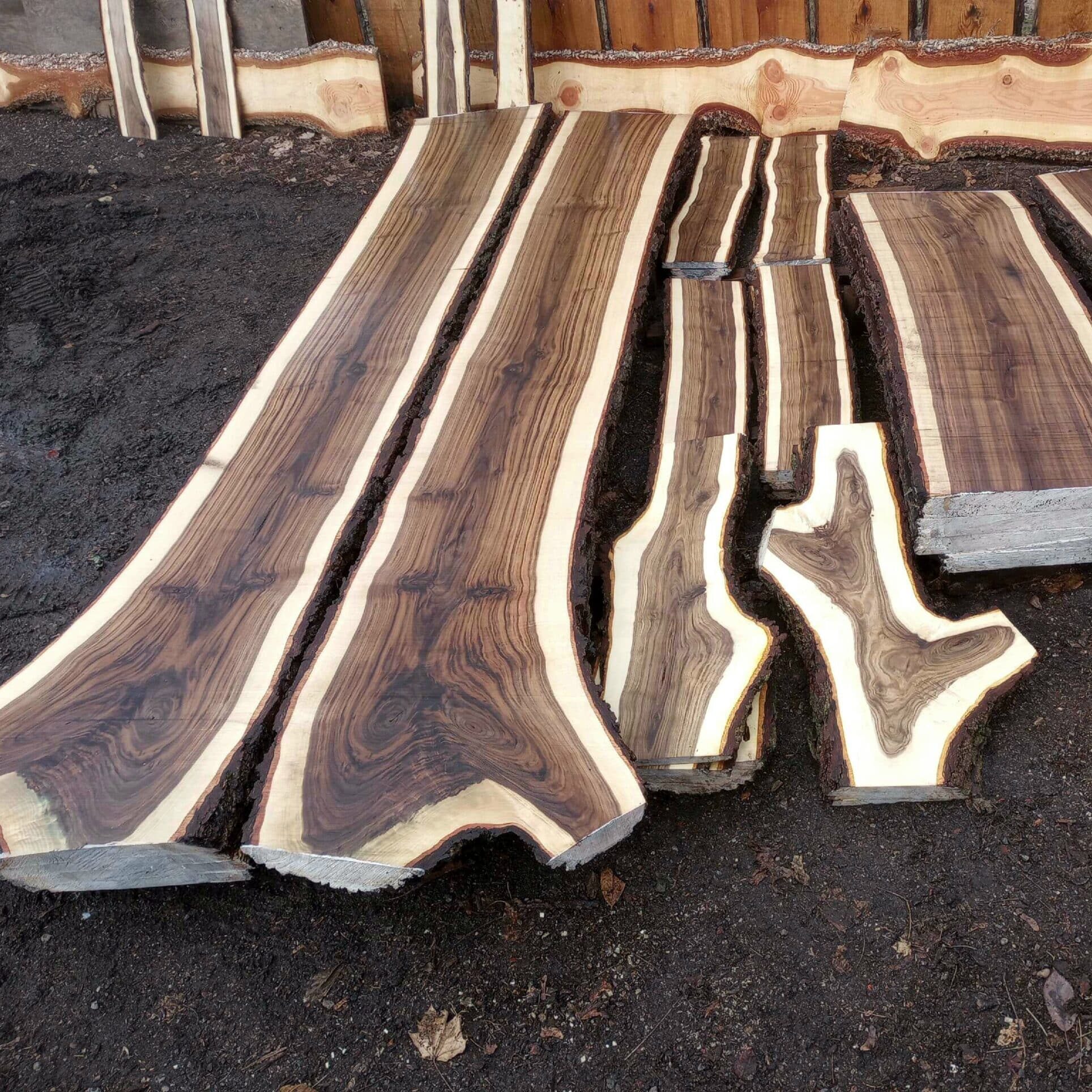 a group of Black Walnut wood pieces on the ground